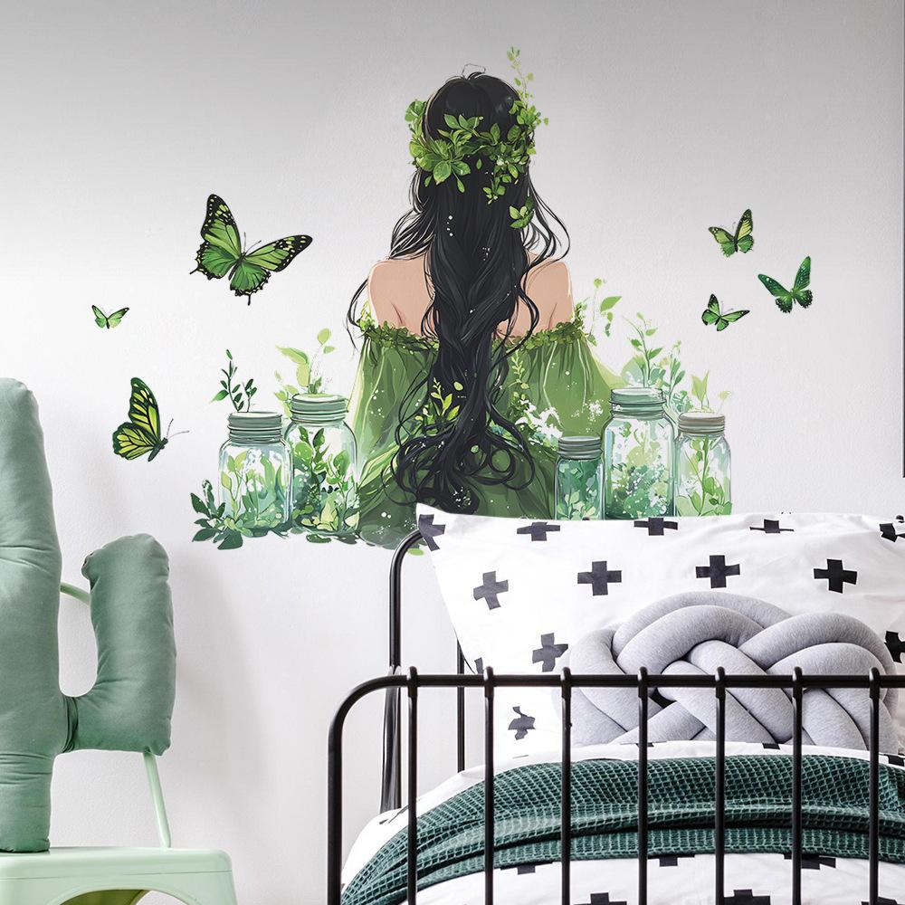 Watercolor Back View Girl with Butterfly Wall Sticker Romantic Poetic Self-Adhesive Wall Art for Bedroom Living Room Home Decor