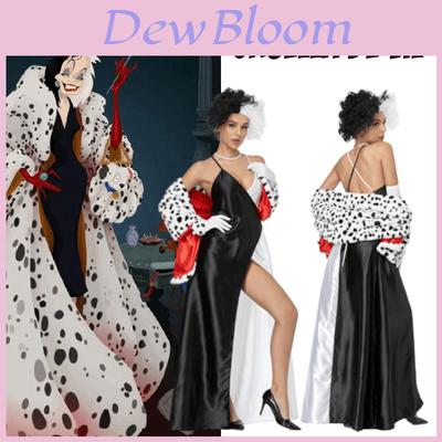 Women's Halloween 101 Dalmatians Cosplay Costume Black And White Witch Cruella De Vil Character