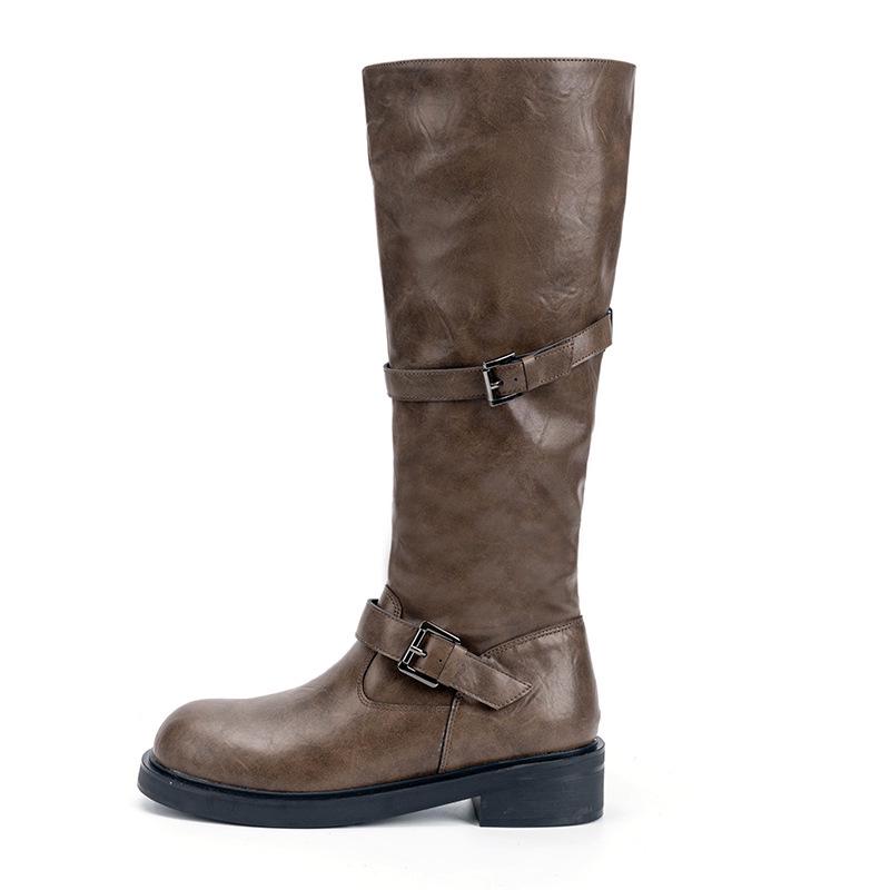 Su Yinyin Retro Cowhide Double Buckle Over-the-Knee Chunky Heel Round Toe Knight Boots for Women