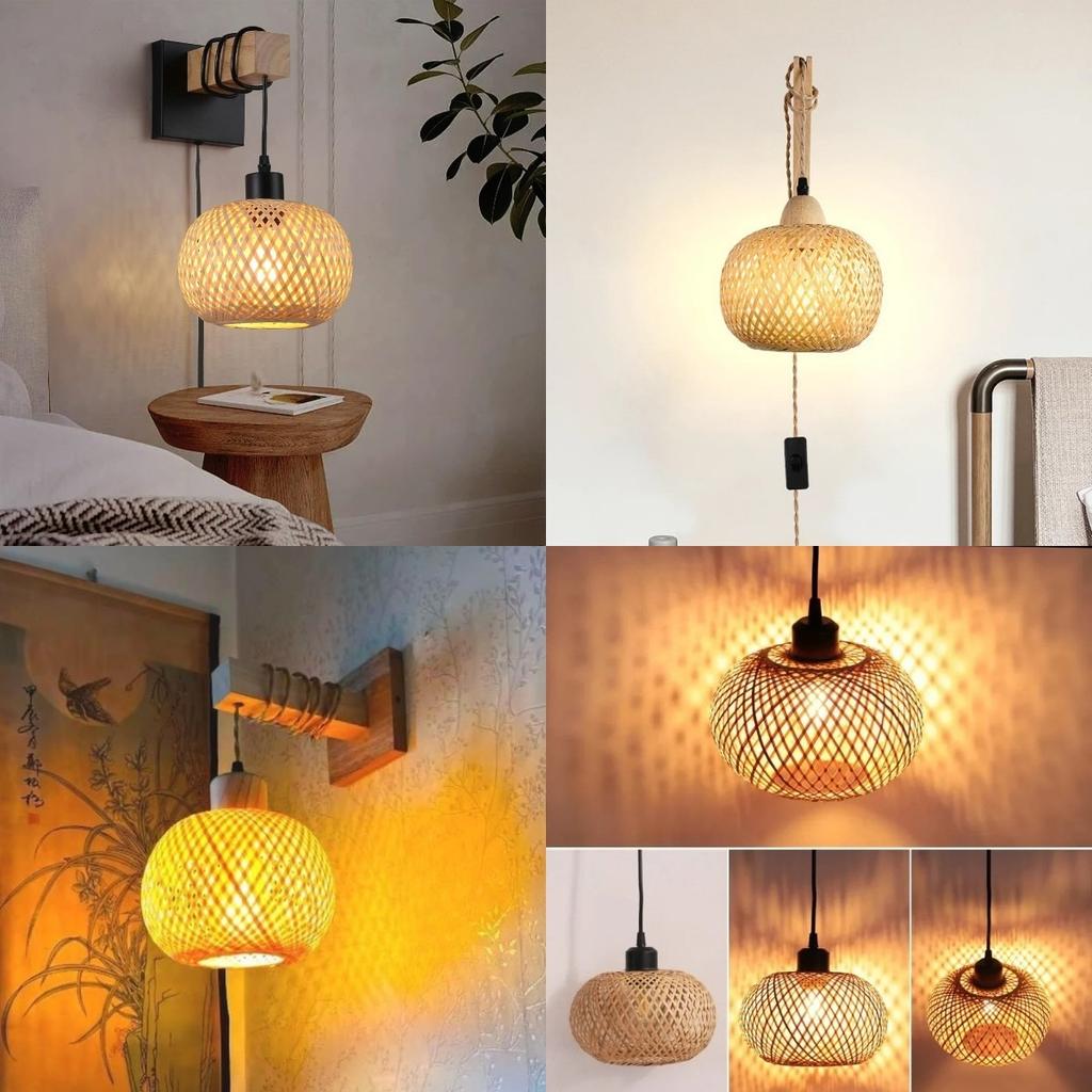 JOYINLED Japanese Boho Chandelier, E27 Bamboo Woven Wall Light for Bedroom Bathroom Living Room Vintage Rattan Plug-in Lamp 20cm