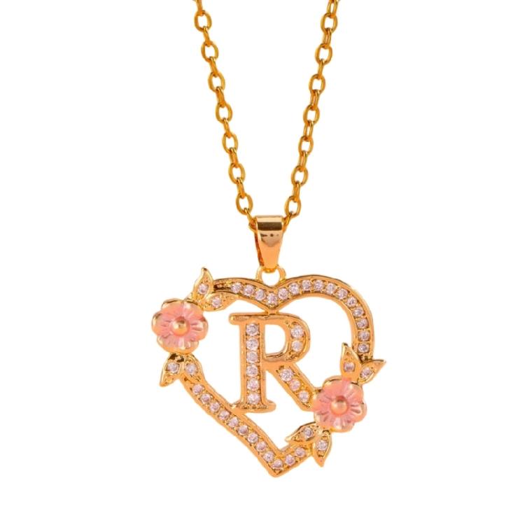Zierliches Messing Initialen-Halskette Mit Floralem Herz-Ausschnitt Design Verstellbare Kette Leichter Romantik Schmuck