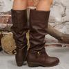 Fashion Slip On Thick Heels Knee High Boots Women Metal Decor Non Slip Pu Leather Boots Woman Plus Size 36-43 Retro Long Botas Mujer