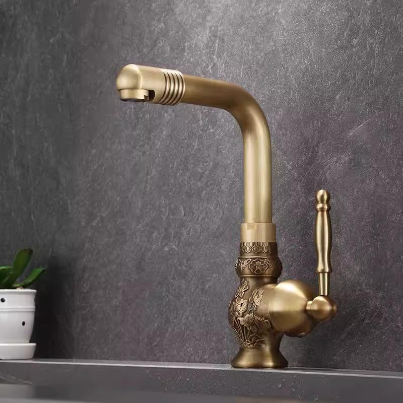 Antique Carved Bathroom Faucet Brass Basin Faucets Hot & Cold Bathroom Sink Faucet Deck Mounted Lavotory Faucet  Mixer Water Tap