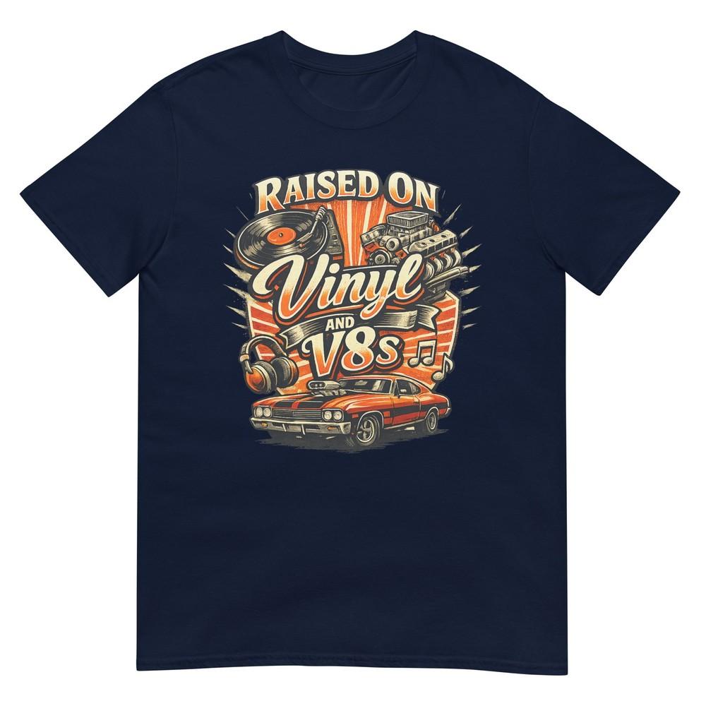 Vintage Raised On Vinyl And V8s Retro Car Music Culture TShirt S