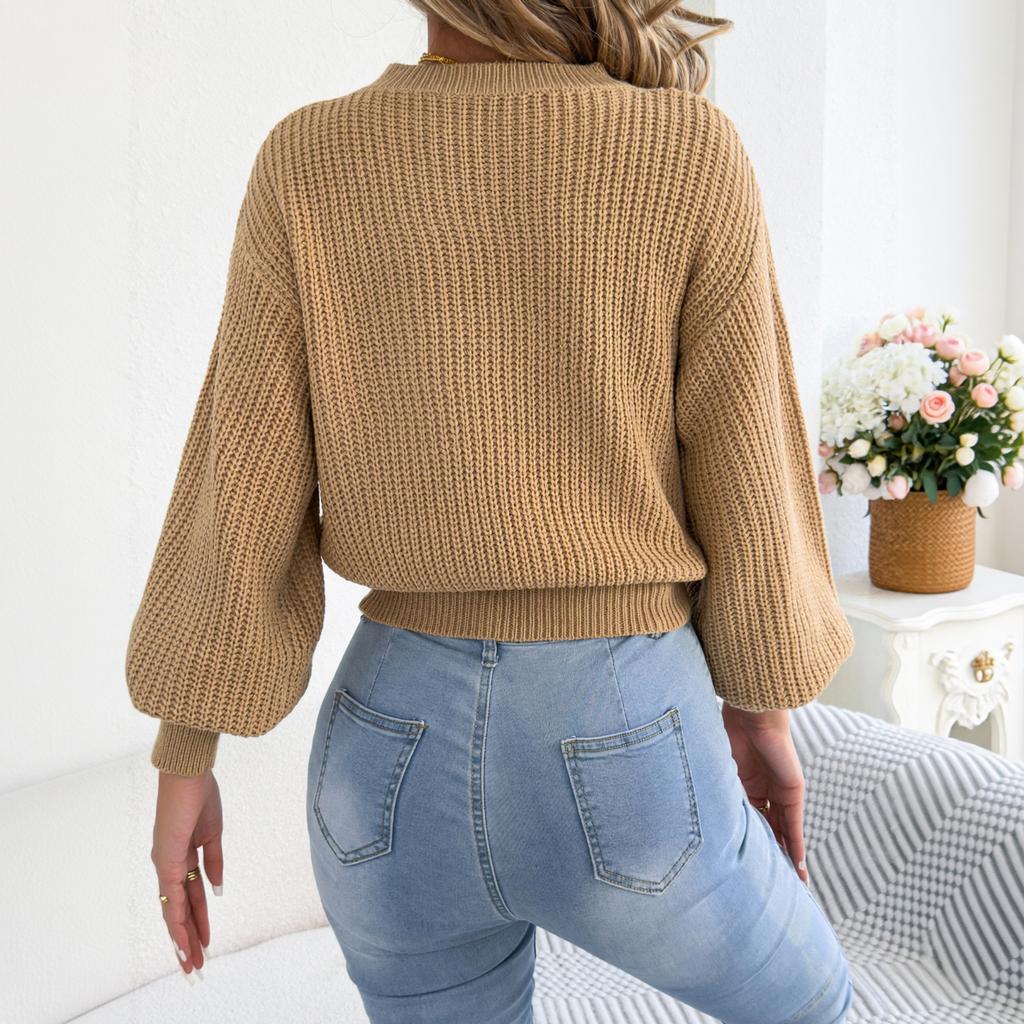 Women's Winter Color Loose Fit Sleeve Short Pullover Sweater with Waist Definition