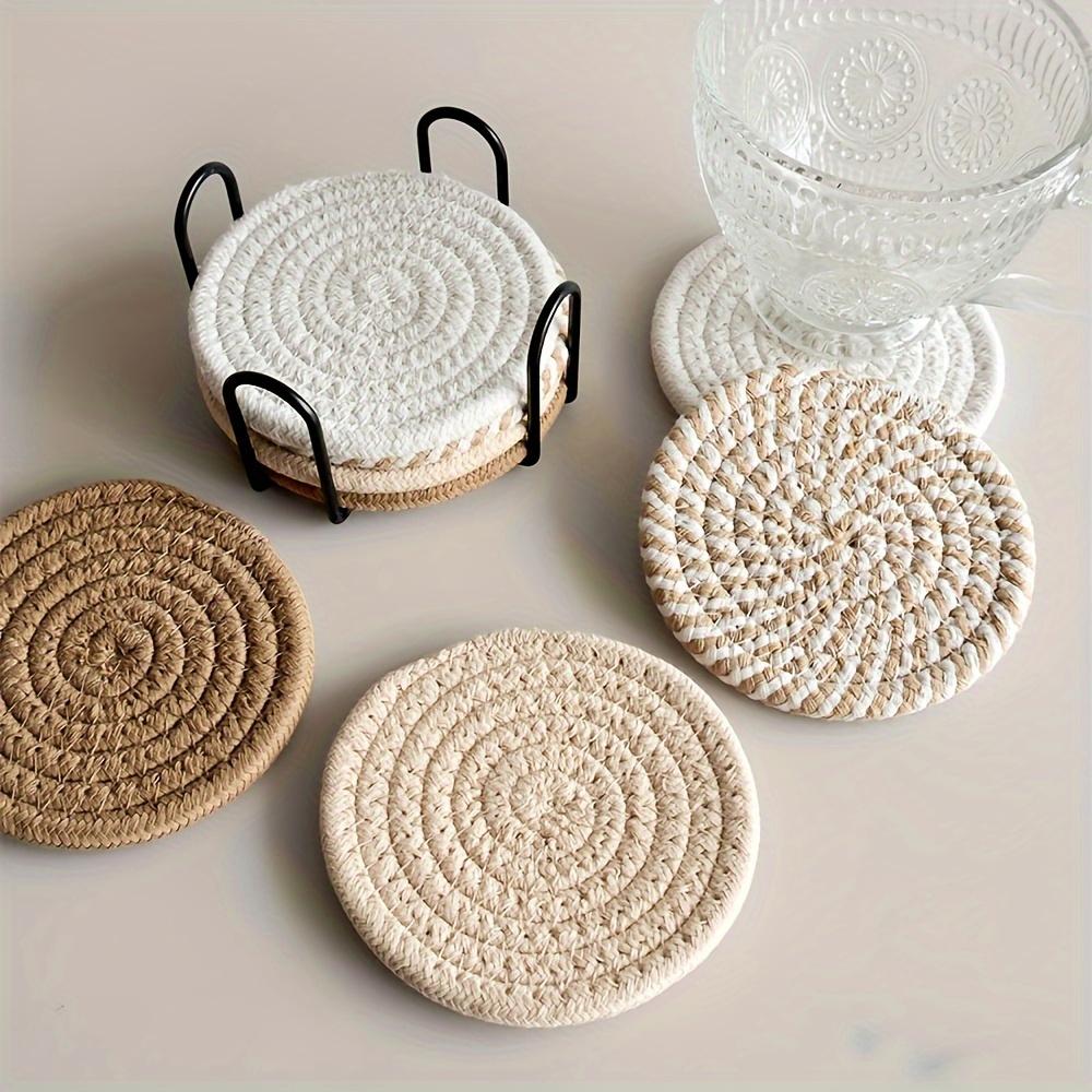 Absorbent Beverage Coaster Set with Stand Minimalist Woven Coffee Pad for Table Protection Heat Resistant Cup Mats Home Decor