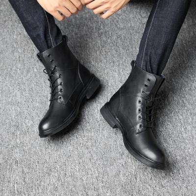 Black Business Men Boots Genuine Leather Lace Up with Zipper Warm Plush Winter Working Travel Boot Handmade Cowboy Cowhide Shoes