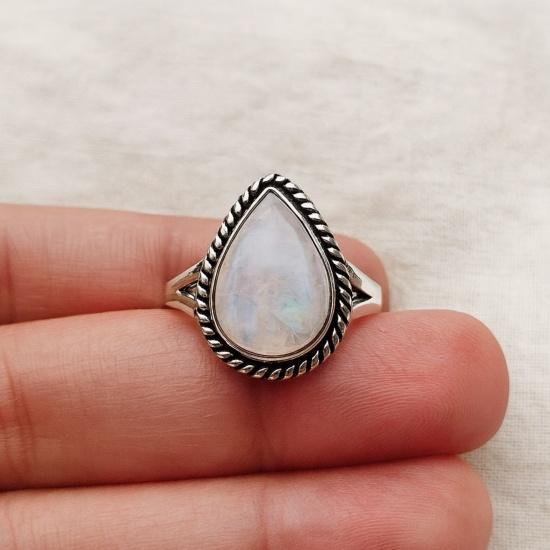 

Радужное кольцо с лунным камнем огранки «груша», оправа-безель из плетеного стерлингового серебра, украшение с камнем июня 12 серебряный