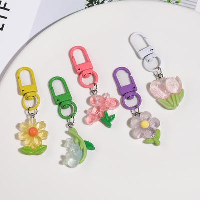 1pc Colorful Resin Tulip And Sunflower Keychain Pendant Cute Girl Heart Earphone Bag Decorations Keyring Jewelry Accessories