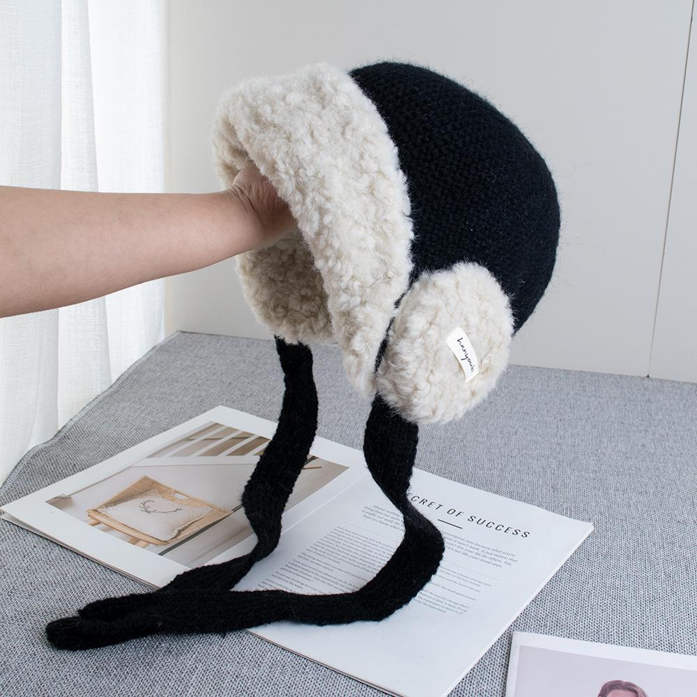 Gorro de lana con orejeras rojas, grueso y de felpa, para mujer, otoño e invierno, circunferencia de cabeza grande, cálido, tejido, sombrero Lei Feng de Año Nuevo