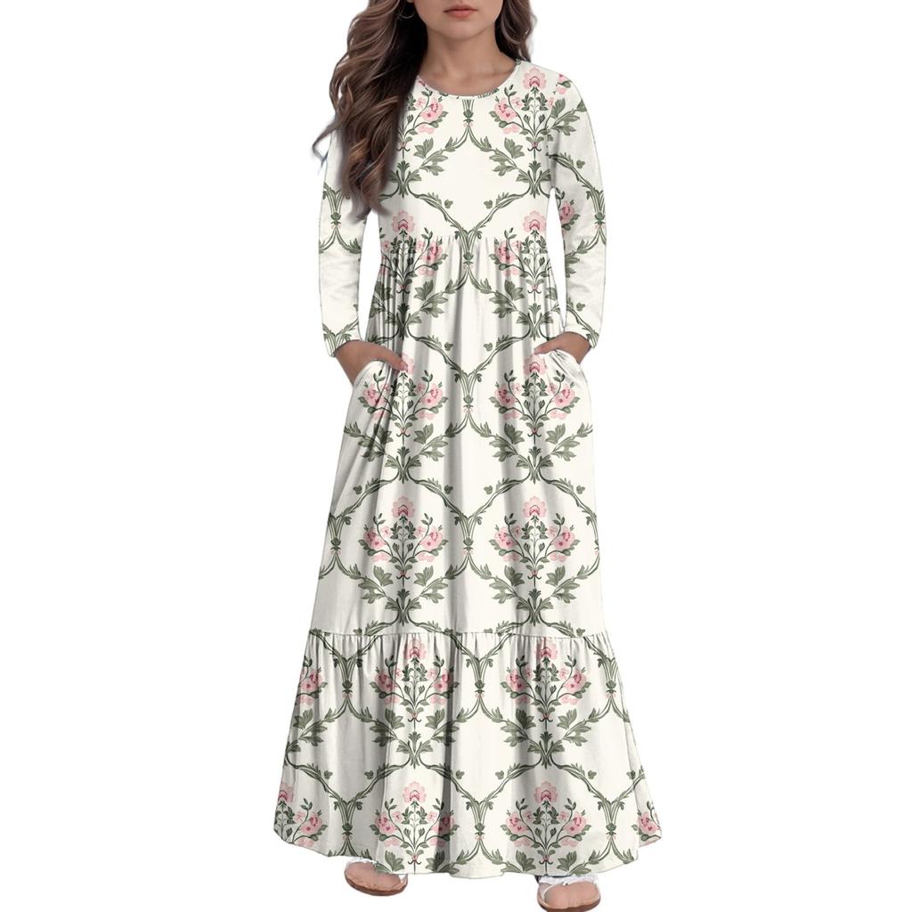 Girls' Maxi Dress Casual Holiday Dresses - Long Sleeve Dress With Pockets For 4-14Y