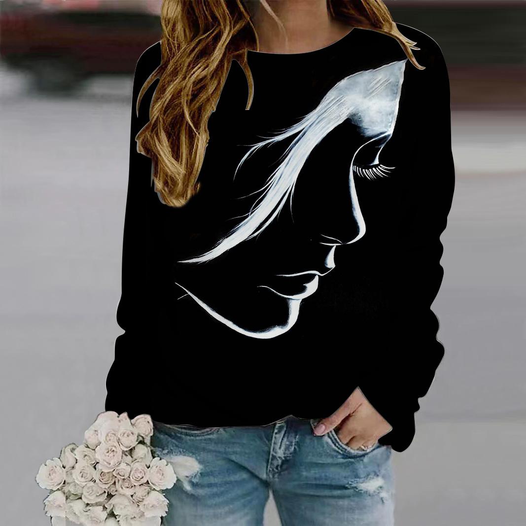 

Осенняя женская мода с круглым вырезом и длинным рукавом, свободная одежда, футболка с принтом распознавания лиц 8XL белый