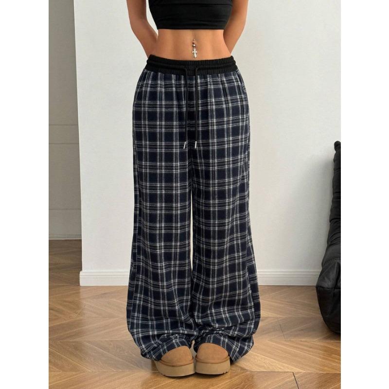 Loose Lazy Straight Leg Plaid High Waist Casual Sports Pants