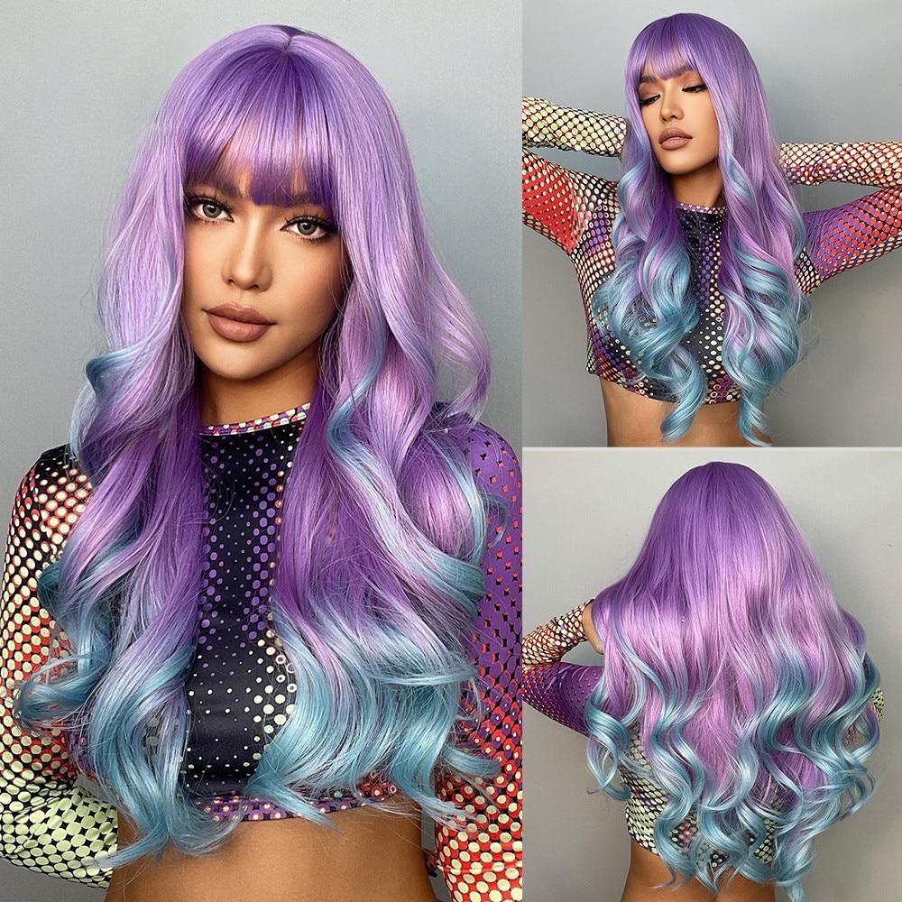 

Synthetic Long Wavy Wig Ombre Purple To Blue For WOMEN Cosplay Halloween Wigs Heat Resistant Fiber Bangs Hair