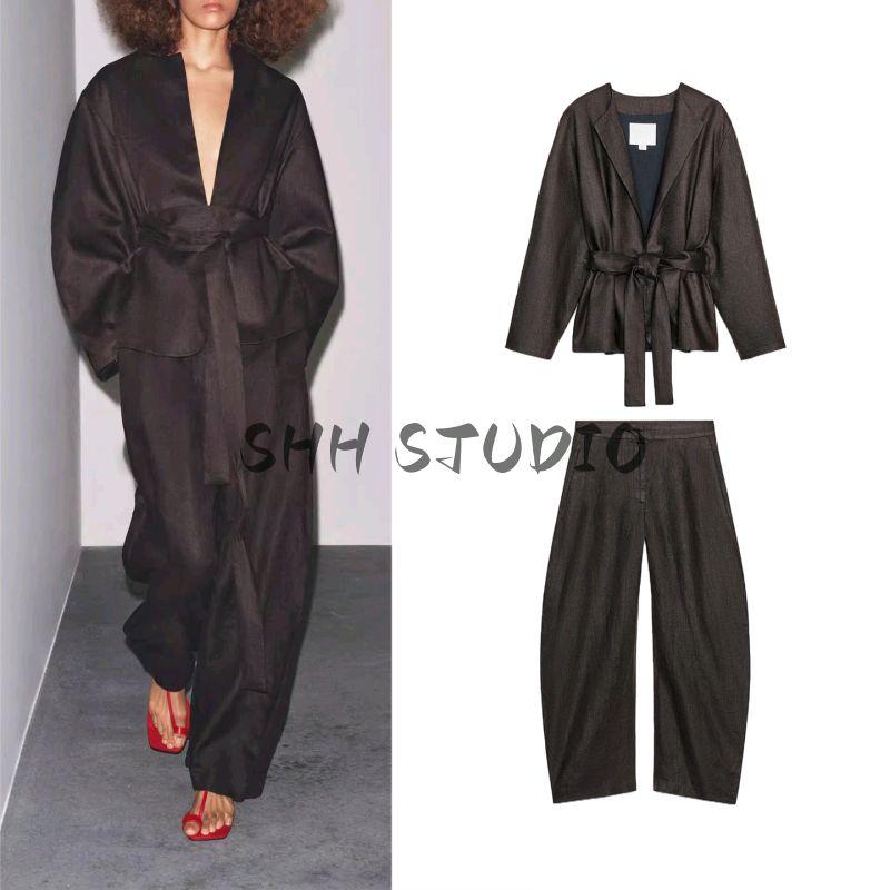 With Belt Round Neck Kimono Coat 8426329 Linen Blended Balloon Mid Waist Pants 7627242
