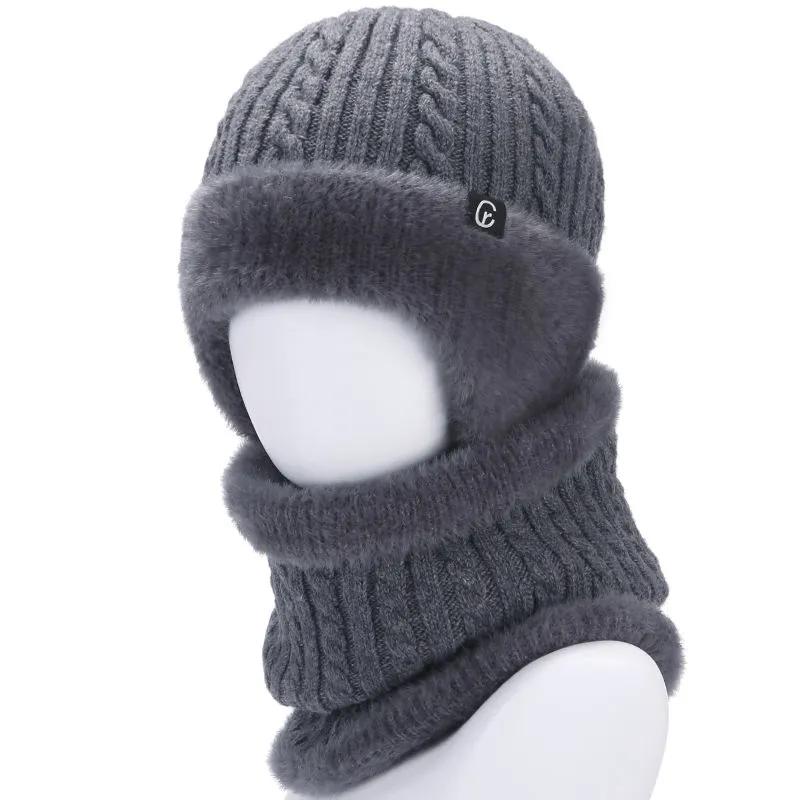 WTEMPO Men's Autumn Winter Windproof Cold-proof Warm Scarf + Hat Solid Color Plush Outdoor Cycling Knitted Hat Set