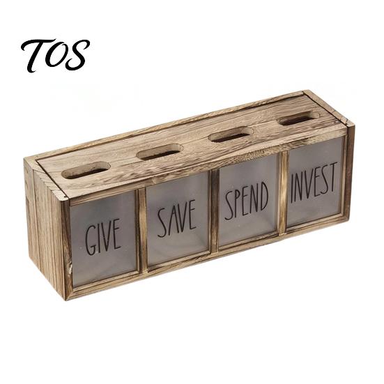 Clear Acrylic Cash Organizer Wooden Piggy Bank with 4 Compartments, Transparent Money Box, Saving Box for Kids Wall Mounting Coin Container Financial
