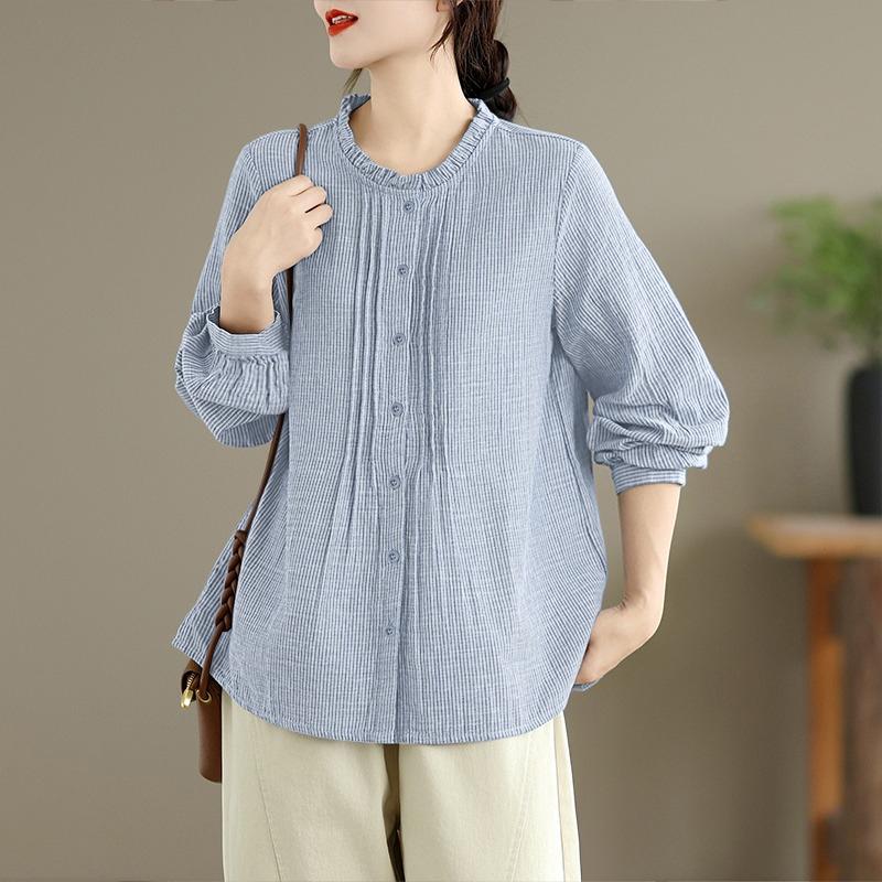 ZANZEA Women Round Neck Long Sleeve Casual Stripe Blouse