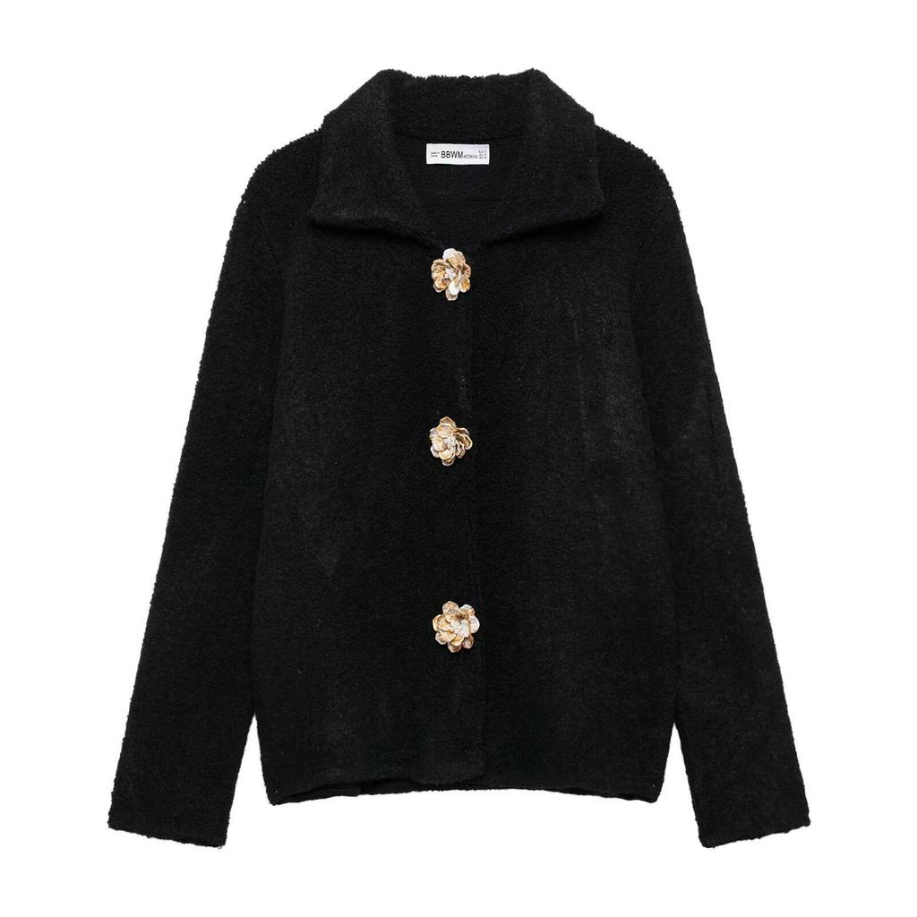 European & American Style Faux Fur Flower Button Knit Cardigan for Women