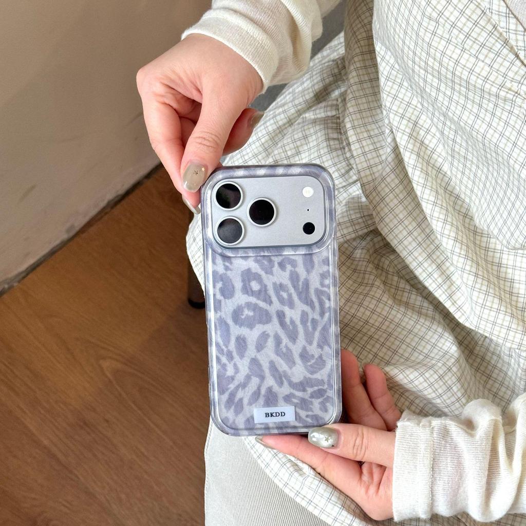Korean-Style Grey Leopard Print Phone Case for Apple 16 Pro Max, Full Coverage, Also Fits iPhone 17/15 Pro