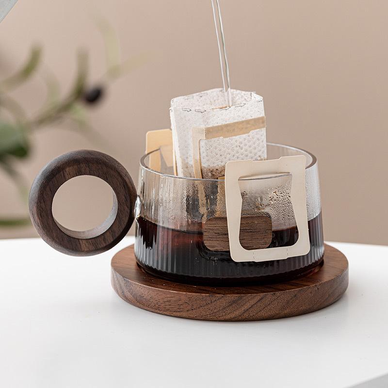 Vertical Glass Coffee Cup and Saucer Set High-grade Exquisite Household Walnut Tea Cup Female Milk Cup with Spoon.