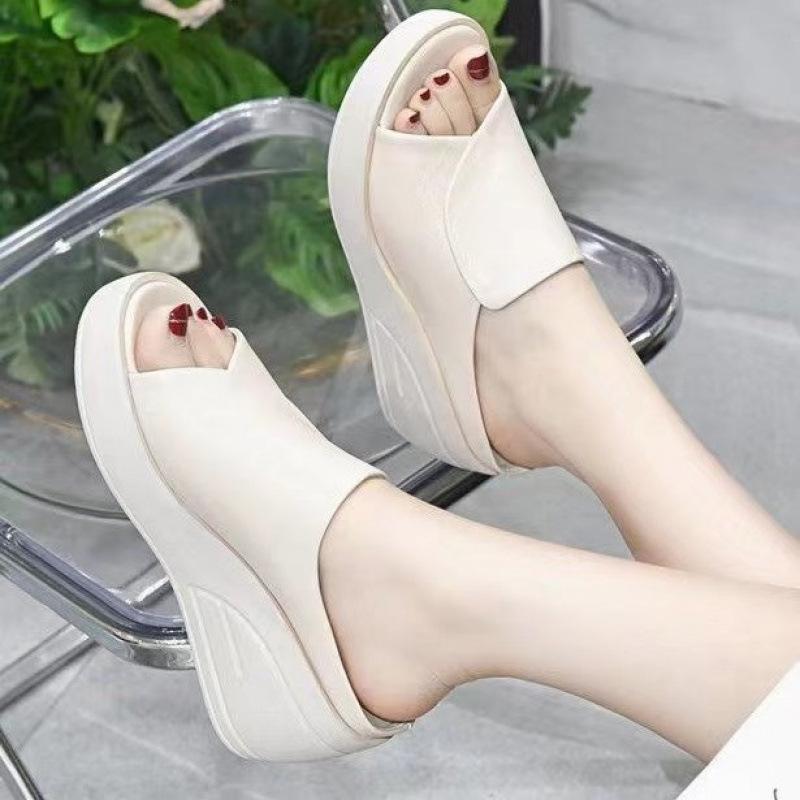 Wedge heel slippers wear 22 summer new soft leather thick-soled fish mouth sandals casual muffin shoes