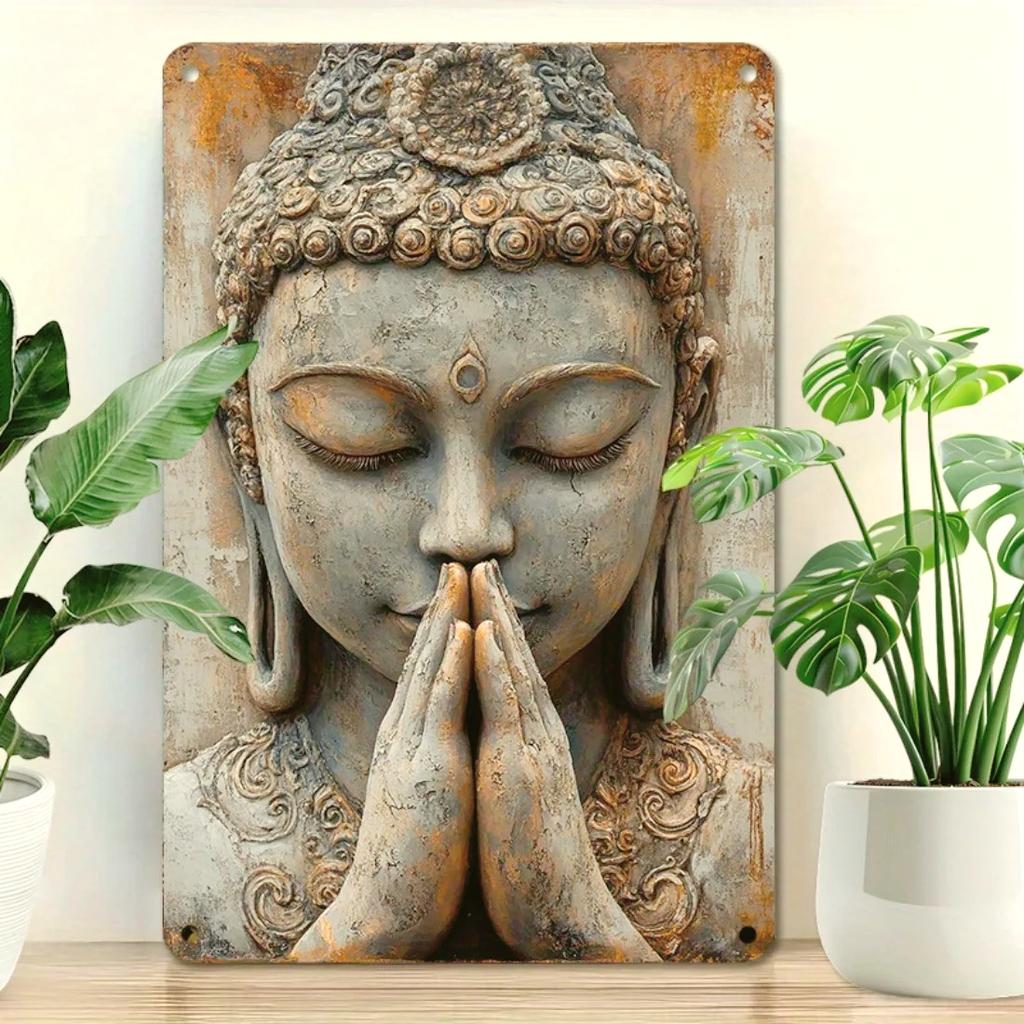 Vintage Golden Leaf Buddha Aluminum Sign | Retro Metal Wall Art – Easy-Install Decor for Home, Garden & Room Spaces