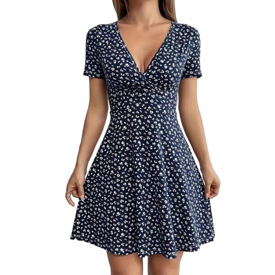 Women's Floral Print Mini Dress Short Sleeve V Neck Flowy Short Dress Summer Beach