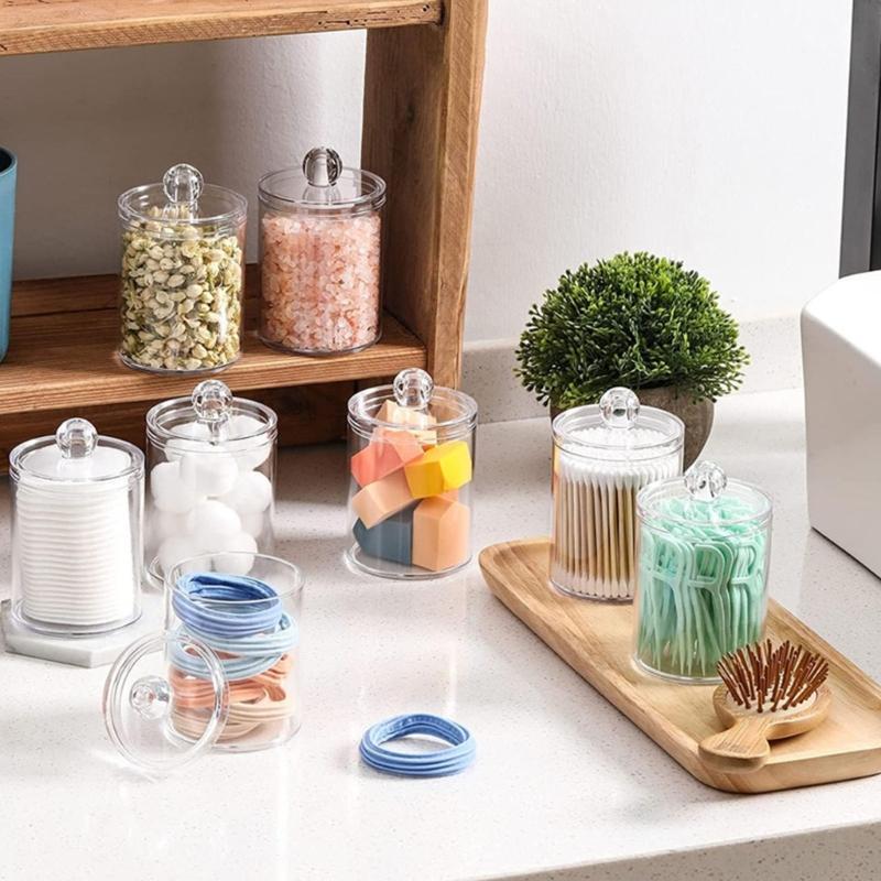 Multipurpose Clear Acrylic Storage Container Set With Lids Qtip Dispenser For Vanity Bathroom Countertop Organization