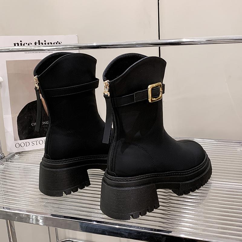 Thick Bottom Women Western Cowboy Boots Fashion Belt Buckle Autumn Winter Female Back Zip Platform Shoes Mid Calf Booties