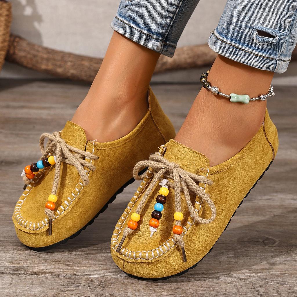 Large Size Lace-up Beaded Casual Shoes Autumn New Suede Retro Round Head