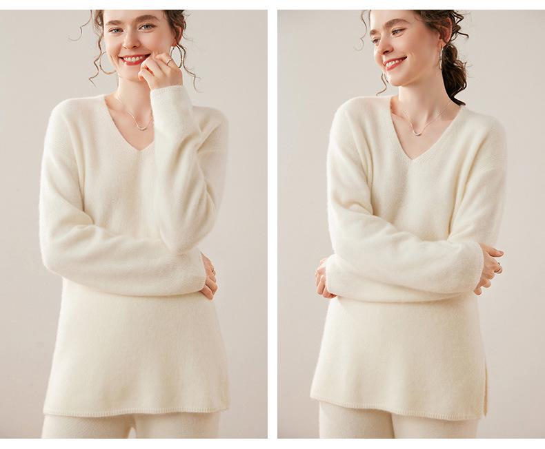 Women's Cashmere V-Neck Mid-Length Slit Sweater, Solid Color, Autumn/Winter Loose Fit
