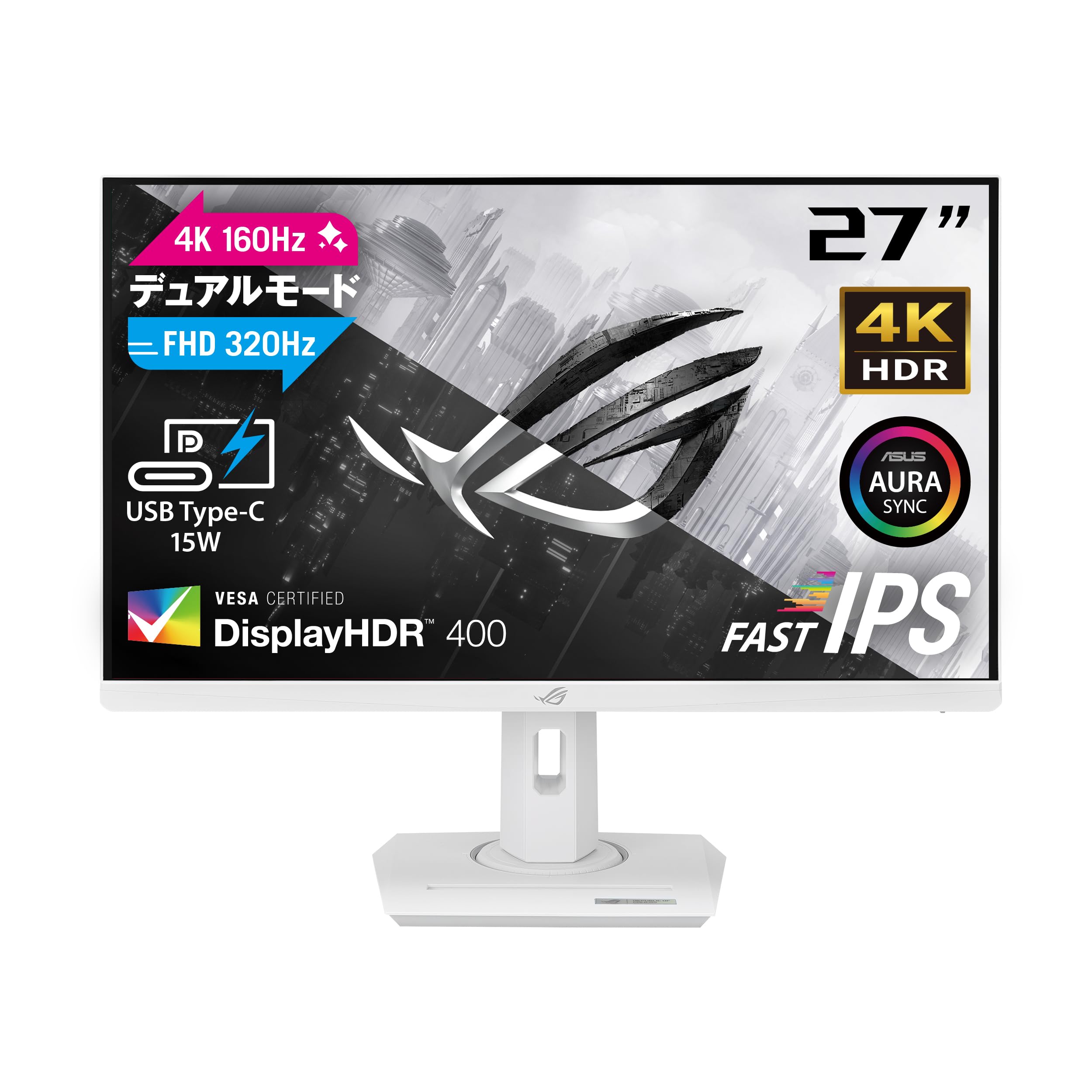 

ASUS 4K Gaming Monitor ROG Strix XG27UCG-W Dual Mode White 27 inches4K (3840x2160)Dual Mode (4K 160Hz Full HD 320Hz)1ms (GTG)Fast IPSUSB Type-CHeight