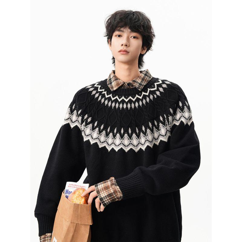 Trendy Fair Isle Cable Knit Sweater for Men, Winter American Style Versatile Crew Neck Knitwear, Vintage Lazy Style Couple's Top