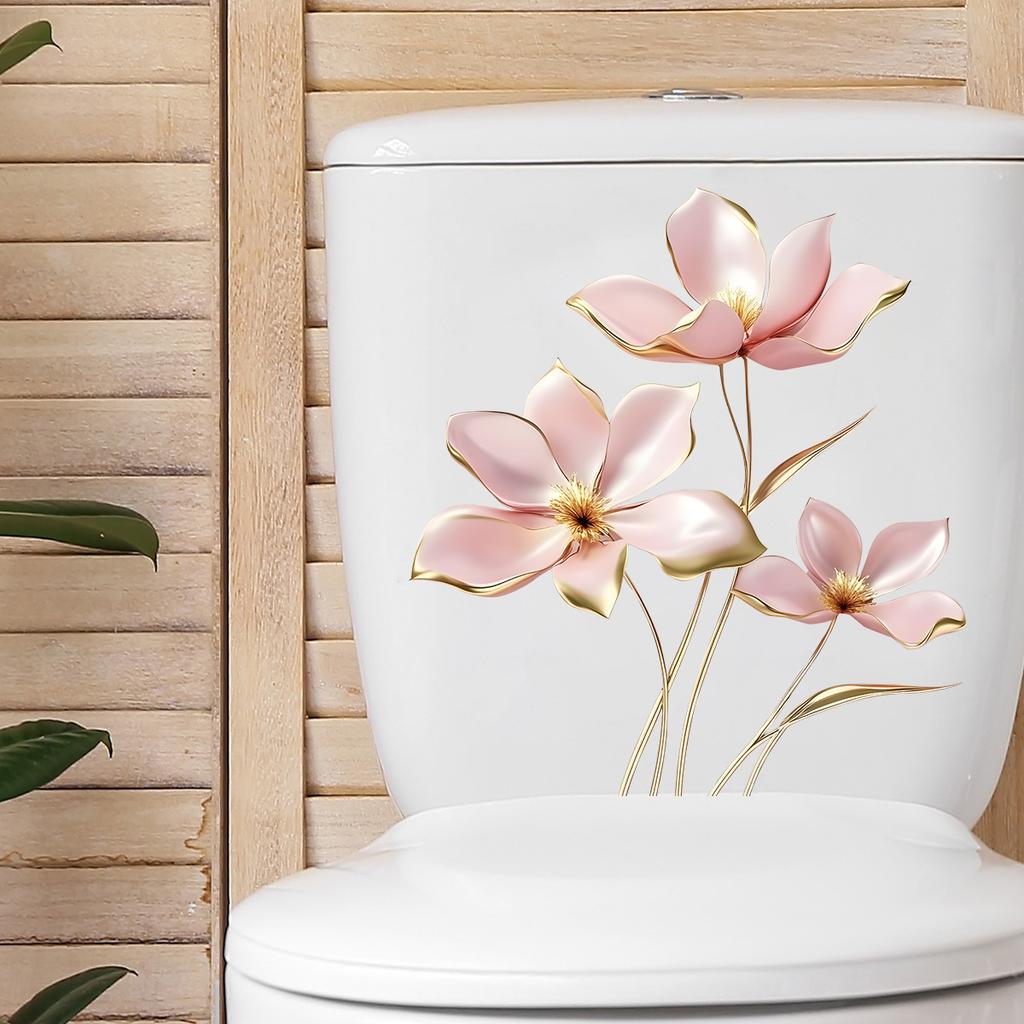 3D Pink Floral Toilet Stickers, Dimensional Flower Wall Decals for Bathroom Waterproof Removable Decor