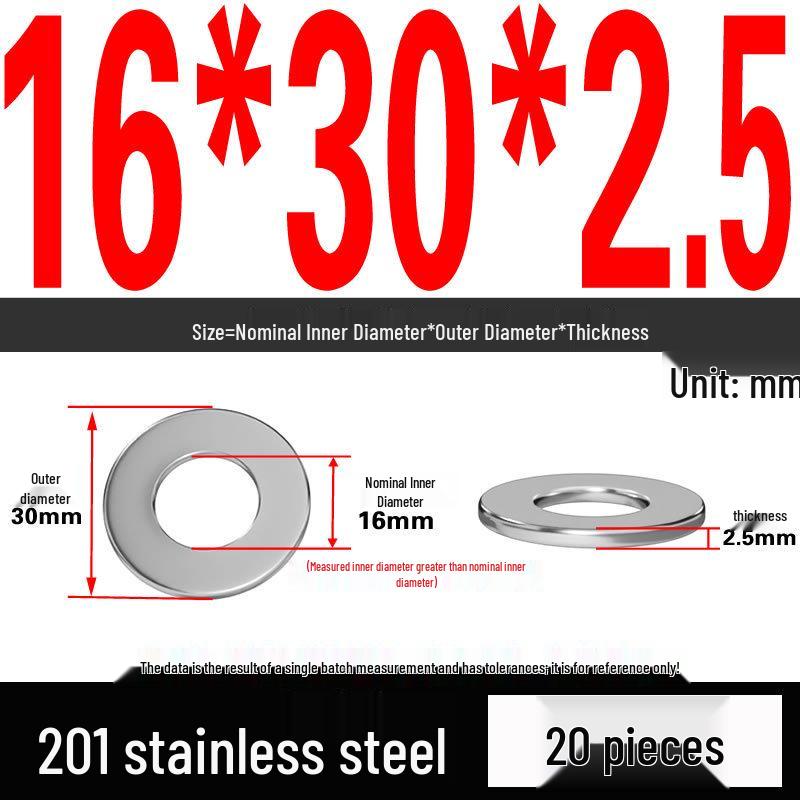 201 Stainless Steel Flat Washer Shim, GB97, Sizes M3 to M30