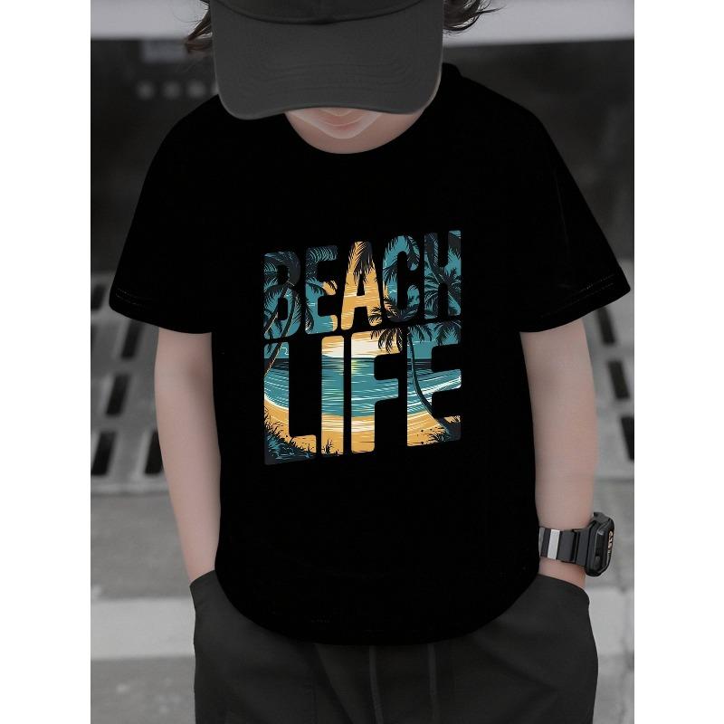 Boys Tropical Sunset Palm Tree Beach Print Soft Breathable Cotton Short Sleeve T-Shirt for Daily Outdoor Sports