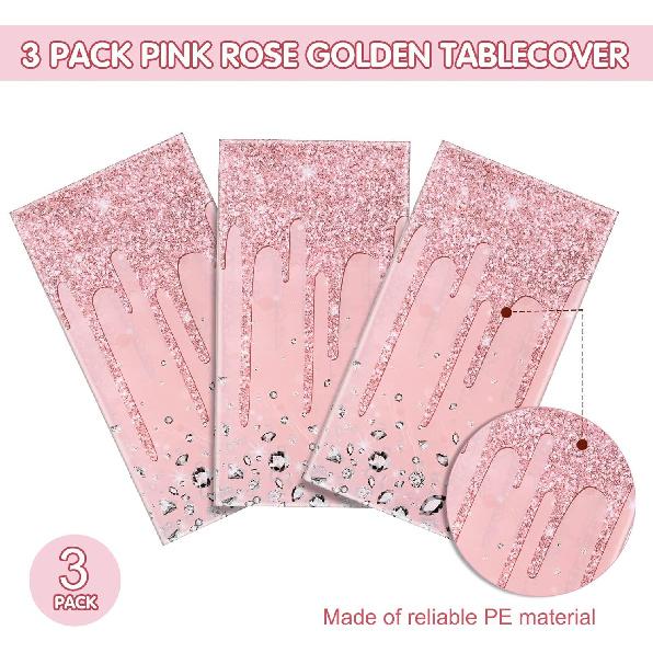 Pajean 3 Pcs Pink and Rose Gold Tablecloths Glitter Diamond Table Cover PE Girl Party Glitter Table Cloths Sequin Printed Plastic Tablecloths for