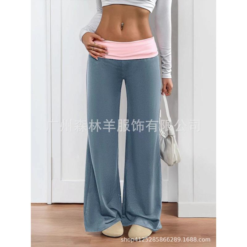 Spot 2025 Summer New European American Pants Women's Low-waist Color-blocked Casual Sports Wide-leg Pants