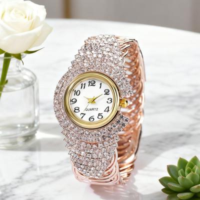 Women Quartz Watch Round Dial Analog Watch with Alloy Strap Ladies Rhinestone Wristwatch