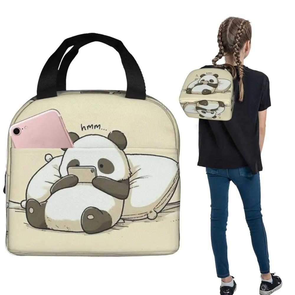 Cartoon Panda Playing With Mobile Phone Insulated Lunch Bag for Women Kids Portable Food Boxes Thermal Lunch Box Tote