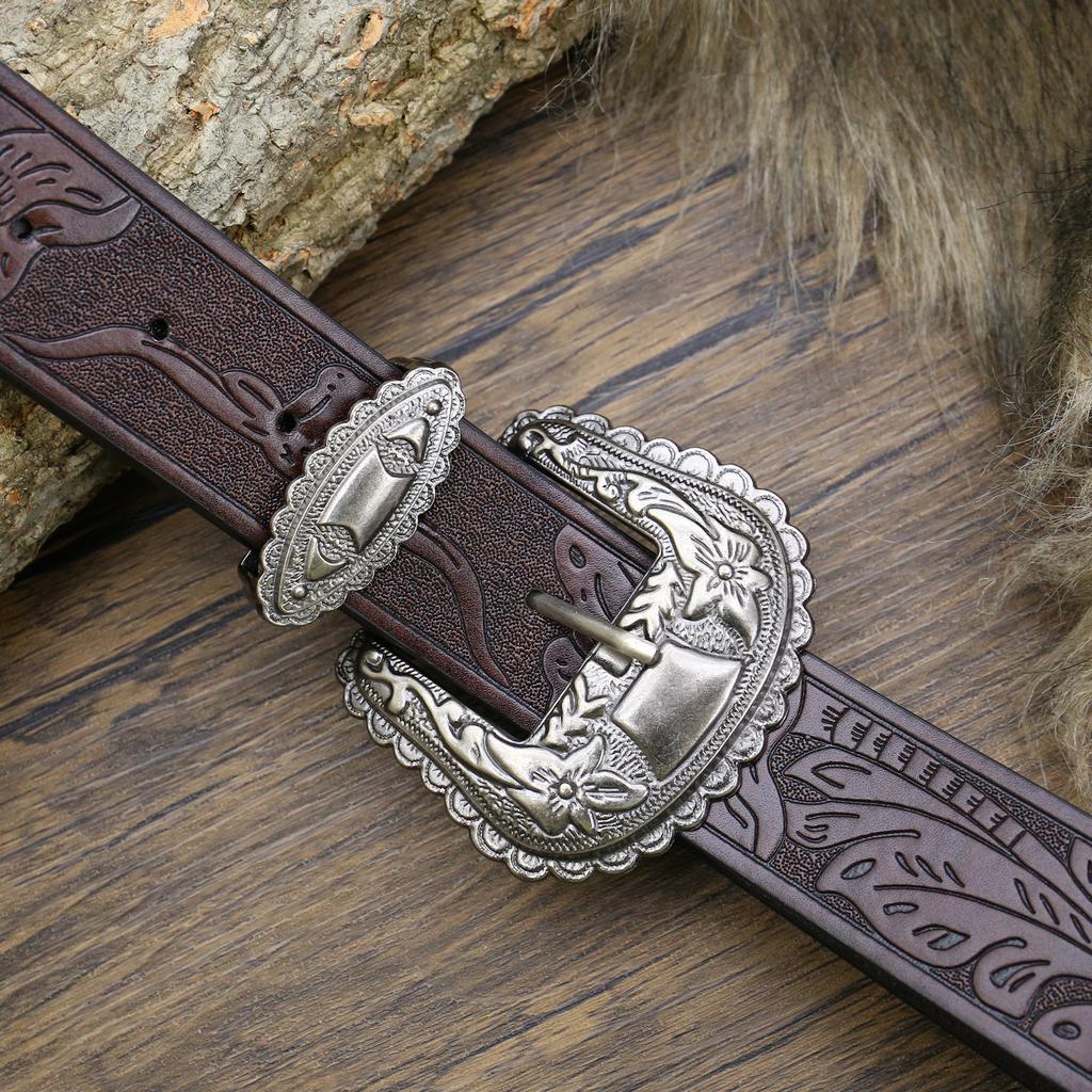 Western Denim Belt Alloy Large Plate Buckle Vintage Engraved Men'S Punk Hip Hop Leather Belt