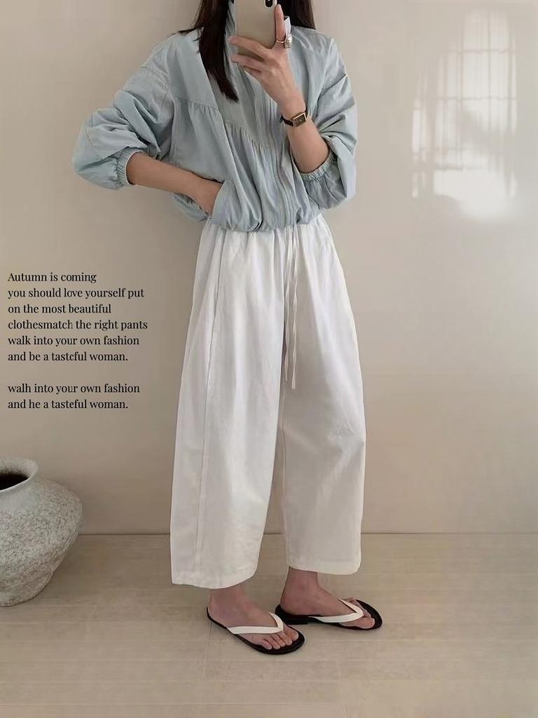 Women's High Waist Drawstring Wide Leg Cropped Pants Loose Fit Casual Linen Blend Ankle Trousers For Summer Daily Wear