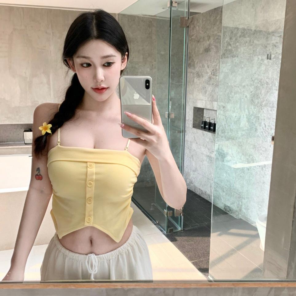 #Summer new sweet wind button splicing sling vest slim and thin women's one-piece top with chest pad