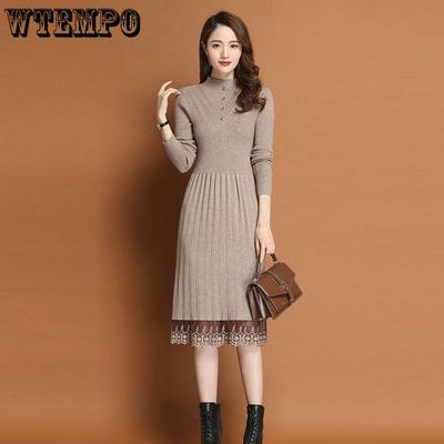 Knitted Dress for Women In Autumn and Winter Long Knee-length Half Turtleneck Sweater Lace Sweater Dress