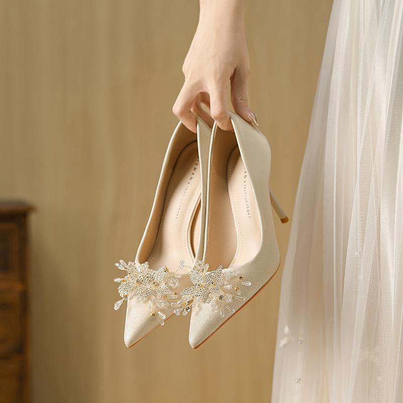 -B new niche stiletto wedding shoes women's bride shoes wedding banquet temperament pointed single shoes women