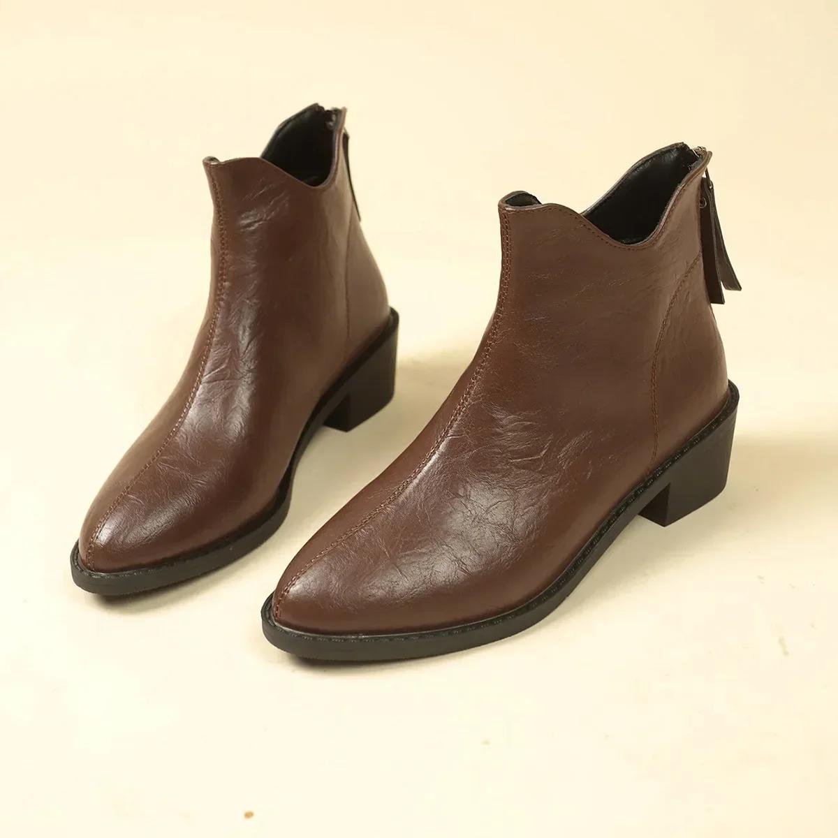 

Женские ботинки челси на среднем каблуке, модные массивные ботинки с острым носком, зимние гладиаторские женские ботинки, туфли-лодочки на молнии Botas Mujer 202 36 коричневый