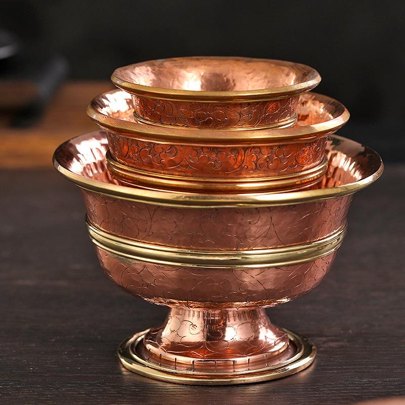 Handmade Nepal Copper Gold Plated Engraved Water Offering Bowl High Foot Cup Pure Water Vessel