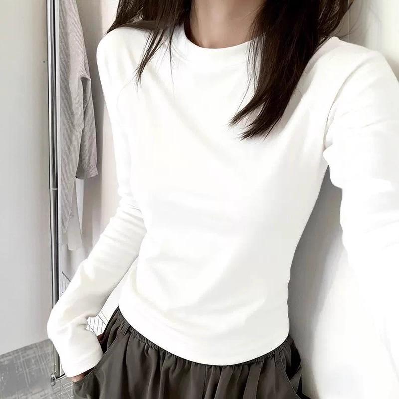 Women's Slim Fit Long Sleeve Plain Cotton T-Shirt - Round Neck, Versatile, Ideal for Spring and Autumn