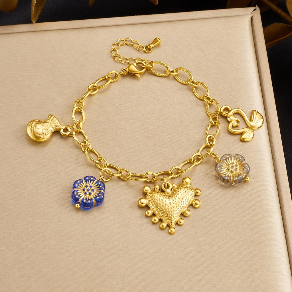 DIEYURO 316L Stainless Steel Golden Heart Charm With Enamel Flower Bracelet For Women New Fashion Trend Hand Chain Jewelry